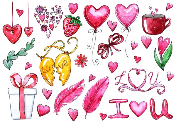 Akwarela Zestawu Elementów Walentynki Ręcznie Malowane Serca Kwiaty Dekoracje Idealne — Zdjęcie stockowe