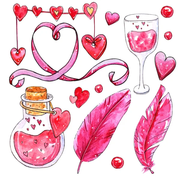 Ensemble Aquarelles Éléments Pour Saint Valentin Coeurs Plumes Décor Peints — Photo