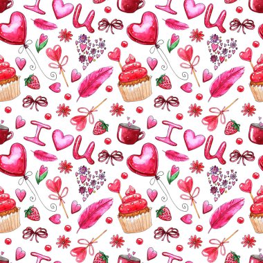 Suluboya sorunsuz imkanı üzerinde izole koyu arka plan desen, sevgi, kalp, tüyler, kek ile çizilen illüstrasyon ver.