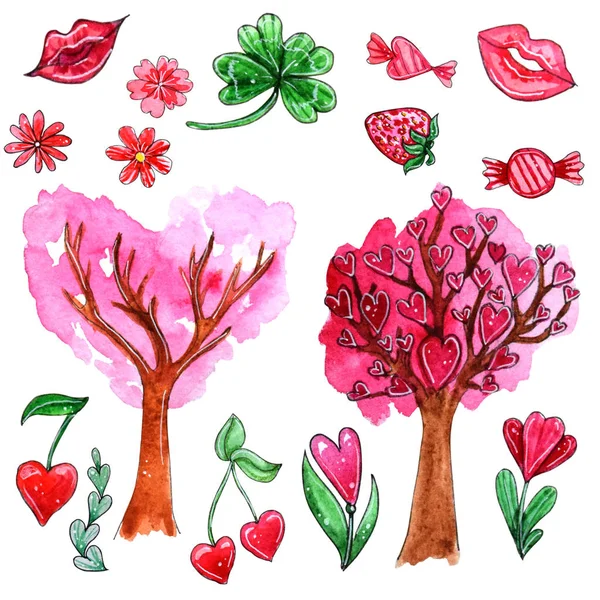 Watercolor Set Elements Valentine Day Hand Painted Lips Flowers Trees — Stock Photo, Image