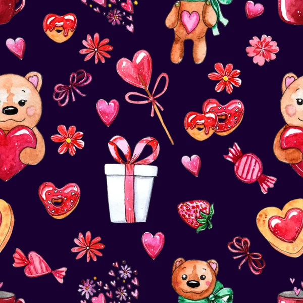 Watercolor Seamless Pattern Isolated Dark Background Hand Drawn Illustration Bears — ストック写真