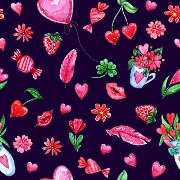 Aquarell Nahtloses Muster Auf Dunklem Hintergrund Handgezeichnete Illustration Mit Süßigkeiten — Stockfoto