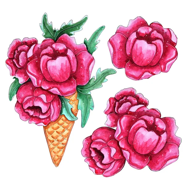 Aquarelle Peinte Main Rose Pivoine Fleurs Crème Glacée Illustration Lumineuse — Photo