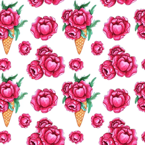 Aquarel Naadloze Patroon Met Roze Pioen Bloemen Perfecte Ontwerp Voor — Stockfoto