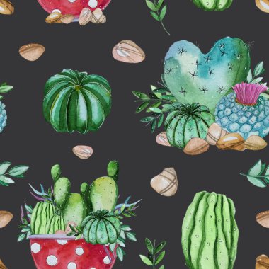 Kaktüs bitkinin suluboya handpainted seamless modeli. Suluboya kaktüs, yaprakları ve gri arka plan üzerinde izole çakıl. Proje, kapak, duvar kağıdı, model, hediye kağıt, düğün için mükemmel