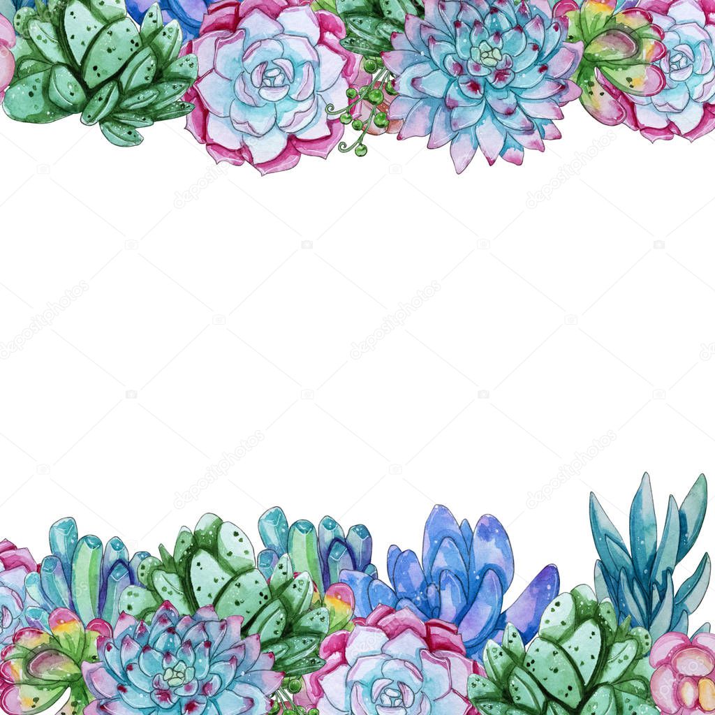 Watercolor succulent flowers template. Lovely card with place for your text. Decorative wreathes for Valentine and wedding design