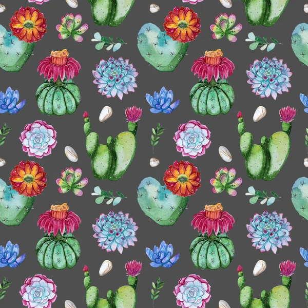 Aquarel Handbeschilderd Naadloze Patroon Van Bloeiende Cactus Plant Aquarel Bloeiende — Stockfoto