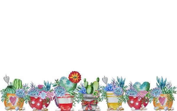 Akvarelu Kvetoucí Kaktus Rostliny Šablona Krásná Karta Místem Pro Váš — Stock fotografie