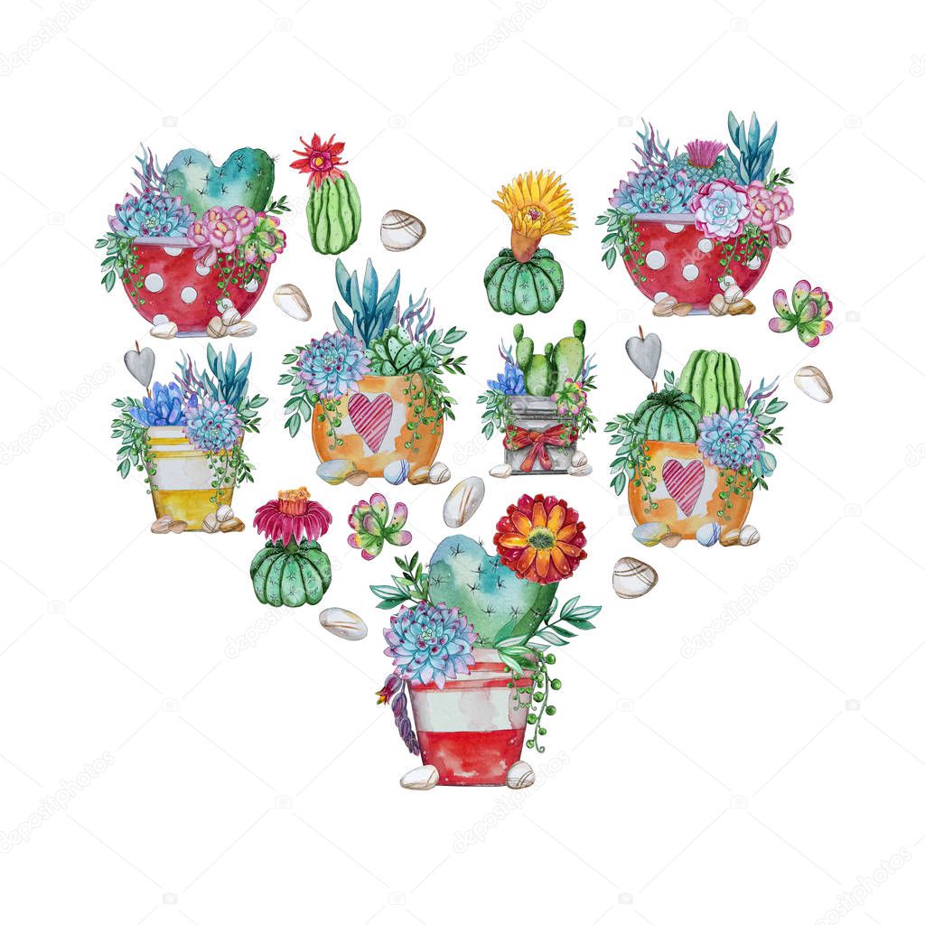 Watercolor cactus and succulent plants template. Lovely card with place for your text. Decorative wreathes for wedding design