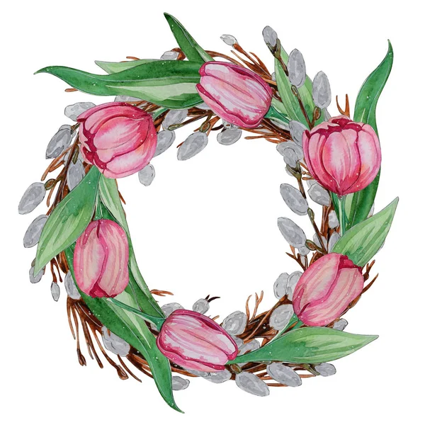 手描き水彩の花の花輪です カード グリーティング カード イースター 誕生日カード 招待状 結婚式のデザインに最適です — ストック写真