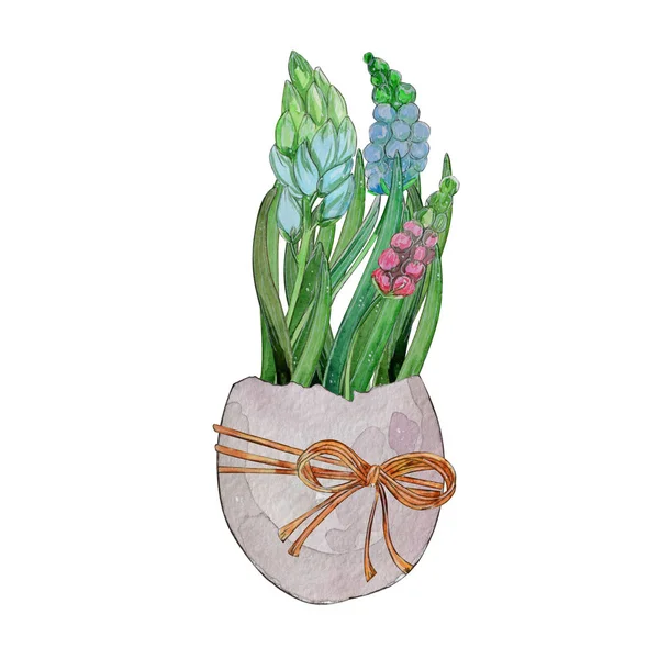 Ręcznie Rysowane Akwarela Kartka Wielkanocna Kwiaty Jajku Białym Tle Doskonale — Zdjęcie stockowe