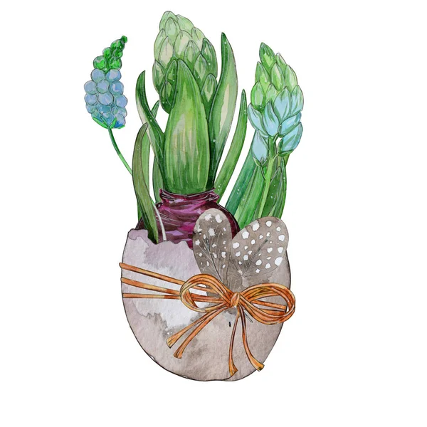Ręcznie Rysowane Akwarela Kartka Wielkanocna Kwiaty Jajku Białym Tle Doskonale — Zdjęcie stockowe