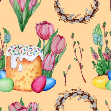 El suluboya Paskalya Seamless Modeli çekilmiş. Yumurta, Paskalya ekmek ve çiçekler. Paskalya kartları, posterler, afişler, parmak izi için idealdir.
