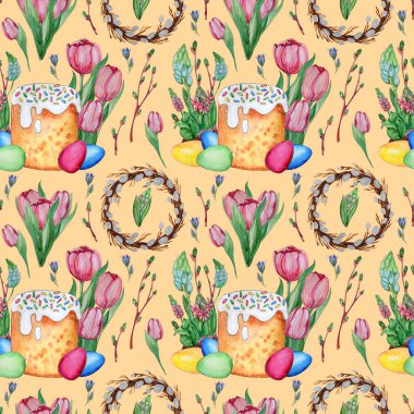 El suluboya Paskalya Seamless Modeli çekilmiş. Yumurta, Paskalya ekmek ve çiçekler. Paskalya kartları, posterler, afişler, parmak izi için idealdir.