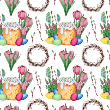 El suluboya Paskalya Seamless Modeli çekilmiş. Yumurta, Paskalya ekmek ve çiçekler. Paskalya kartları, posterler, afişler, parmak izi için idealdir.