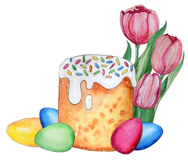 Χέρι Συρμένο Ακουαρέλα Πασχαλινή Κάρτα Αυγά Ψωμί Πάσχας Και Λουλούδια — Φωτογραφία Αρχείου