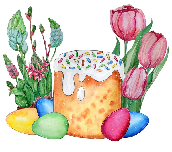 Hand drawn watercolor Easter card. Eggs, Easter bread and flowers isolated on white background. It\'s perfect for easter cards, posters, banners, prints.