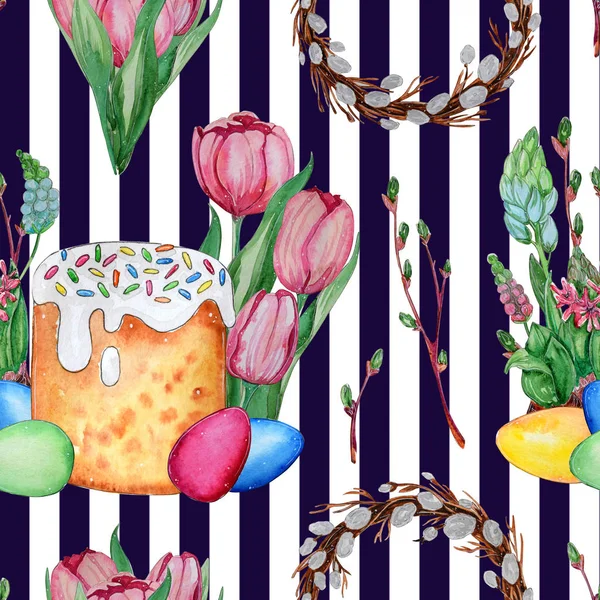 Kézzel Rajzolt Akvarell Húsvéti Seamless Pattern Tojást Kenyeret Virágok Tökéletes — Stock Fotó