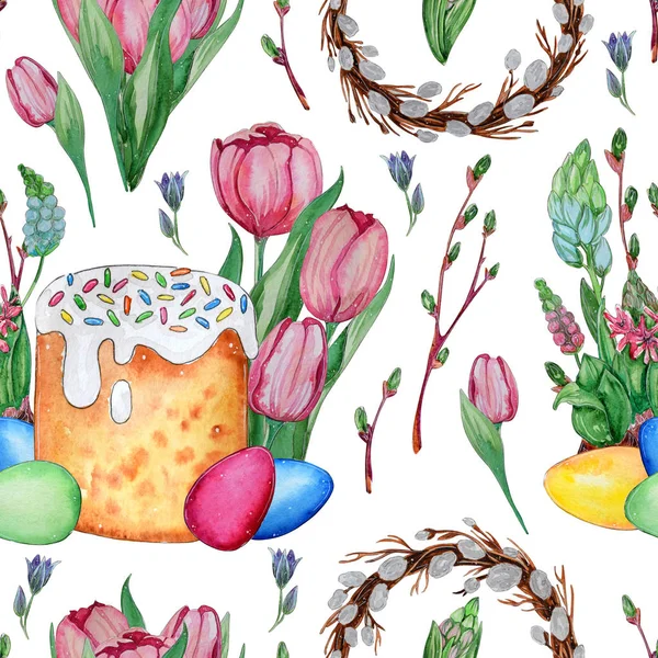 Ручной Рисунок Акварели Пасха Бесшовный Узор Яйца Пасхальный Хлеб Цветы — стоковое фото