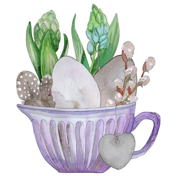 Hand Getekende Aquarel Paaskaart Eieren Veren Bloemen Pot Geïsoleerd Een — Stockfoto