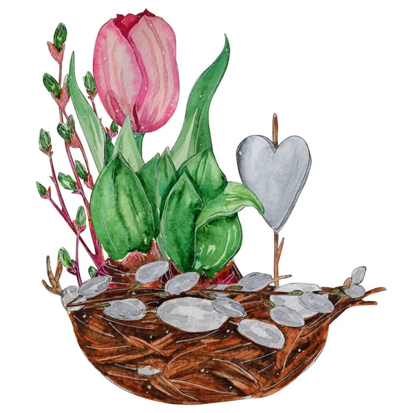 Ręcznie Rysowane Akwarela Kartka Wielkanocna Kwiaty Wystrój Oddziałów Gniazdo Białym — Zdjęcie stockowe
