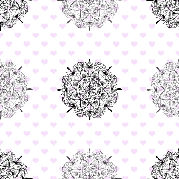 Seamless pattern with abstract mandala on the white background with small hearts. Pen art seamless abstract pattern in zentangle style.Perfect for cards, design and backgrounds.
