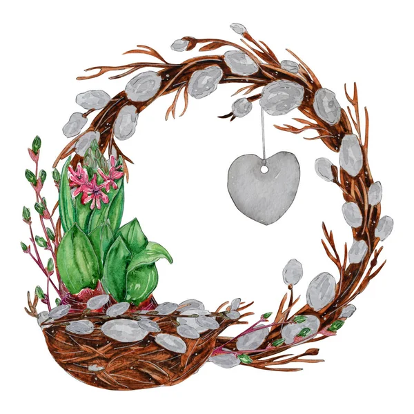 Ručně Tažené Akvarel Velikonoční Přání Květiny Hnízdo Výzdoba Izolovaných Bílém — Stock fotografie