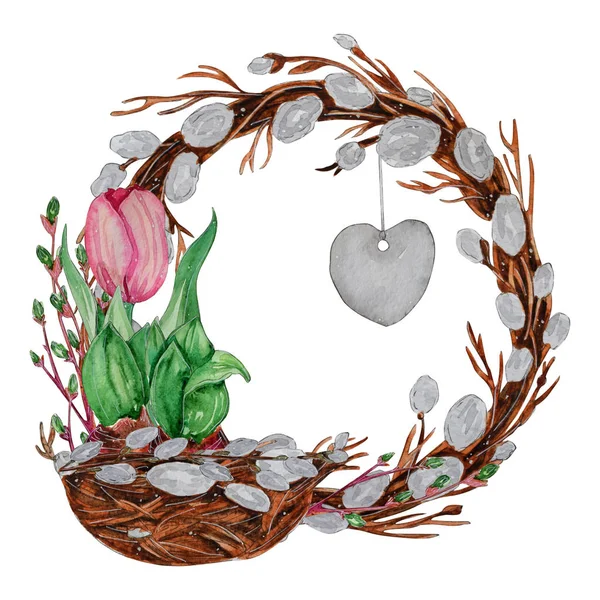 Ručně Tažené Akvarel Velikonoční Přání Květiny Hnízdo Výzdoba Izolovaných Bílém — Stock fotografie