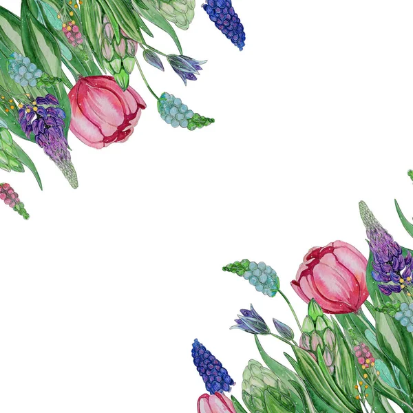 Akvarell Våren Blommor Mall Härlig Kort Med Plats För Din — Stockfoto