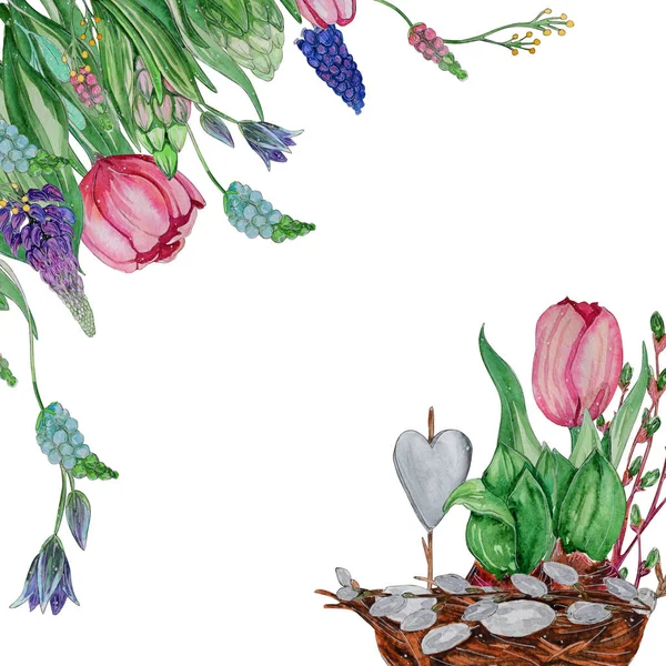 Akwarela Wiosna Kwiaty Szablonu Piękne Karty Miejscem Dla Tekstu Wianki — Zdjęcie stockowe