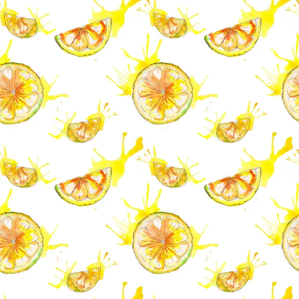 Ręcznie Rysowane Wzór Bezszwowe Lemon Akwarela Cytryn Żółty Akwarela Plamy — Zdjęcie stockowe