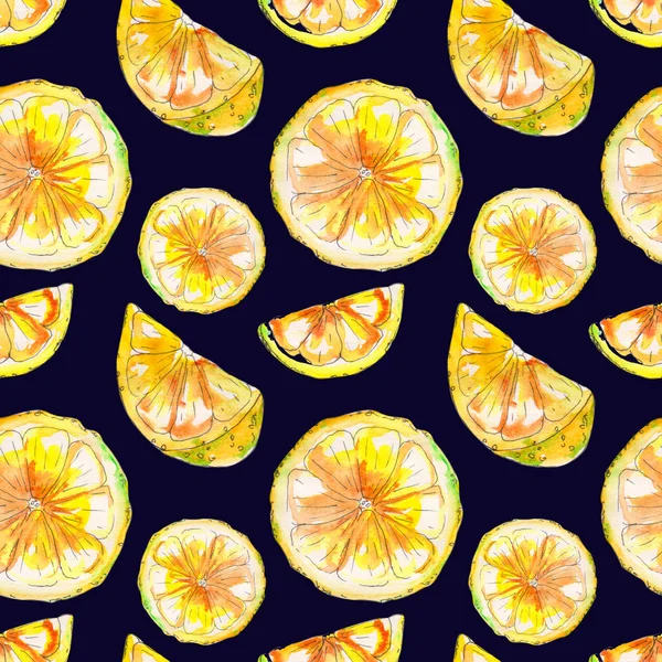 Hand Drawn Watercolor Lemon Seamless Pattern Yellow Lemons Isolated Dark — Stock Photo, Image