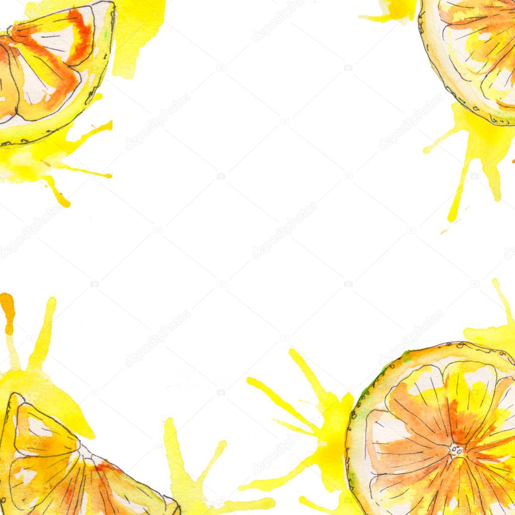 Hand drawn Watercolor lemon template.