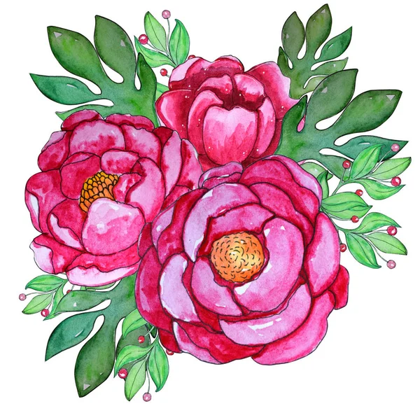 Aquarelle peinte à la main fleurs pivoines roses avec des feuilles . — Photo