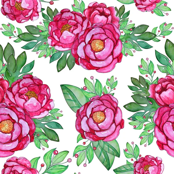 Akvarell sömlösa mönster med rosa pion blommor. — Stockfoto