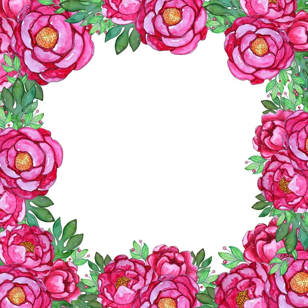 Akvarell rosa pion blommor mall. — Stockfoto