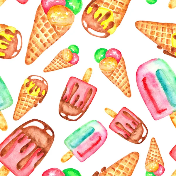 Akvarelu ručně tažené bezešvé vzor ice cream — Stock fotografie