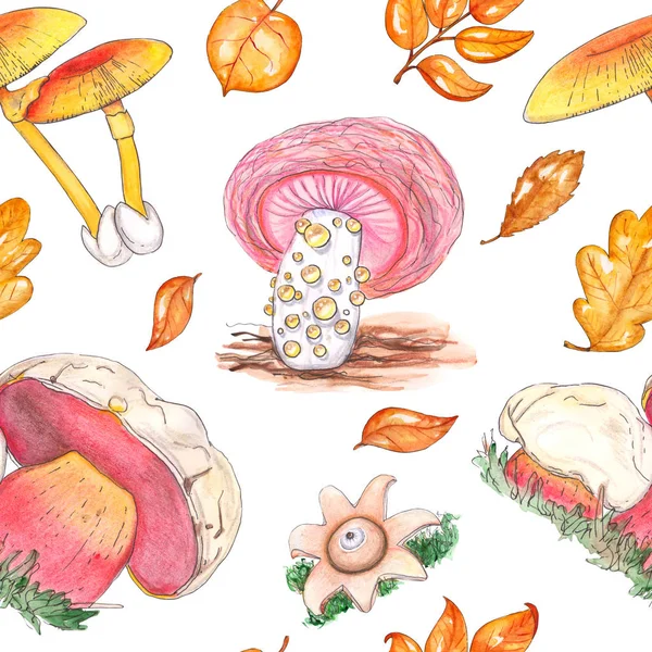 Watercolor seamless pattern with fungus mushrooms — Stock Photo, Image