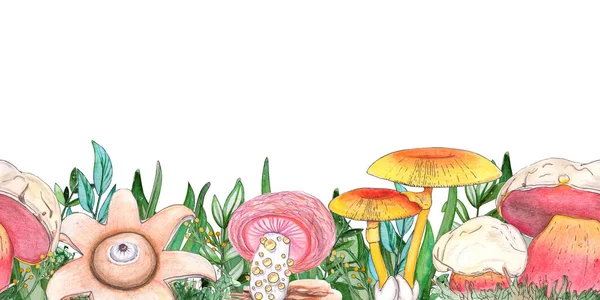 Banner sem costura aquarela com cogumelos no fundo branco . — Fotografia de Stock