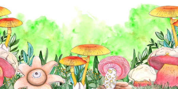 Aquarell nahtloses Banner mit Pilzen auf weißem Hintergrund. — Stockfoto