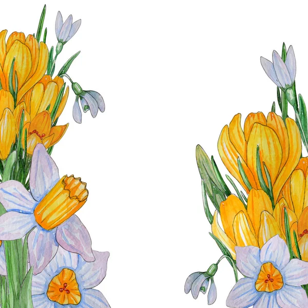 Hand painted watercolor template of spring flowers.