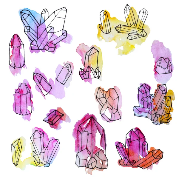 Hand painted watercolor set of crystals isolated on white backgr