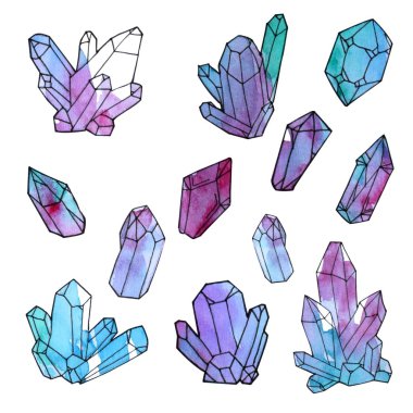 Kristallerin el boyalı suluboya Doodle seti