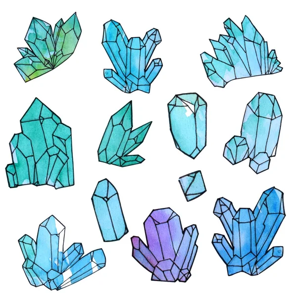 Hand painted watercolor doodle set of crystals — Stock Photo, Image