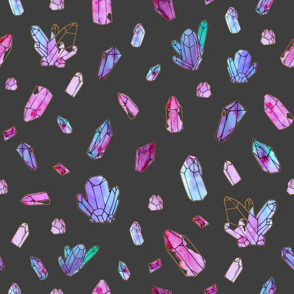Cristales de acuarela pintados a mano patrón sin costura aislado sobre fondo oscuro . —  Fotos de Stock