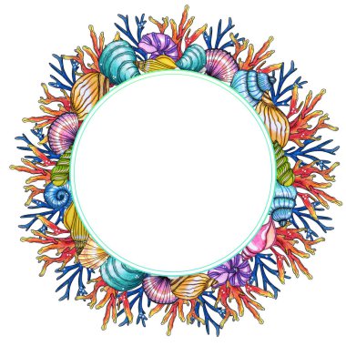 El boyaması suluboya kabukları ve mercan şablonu beyaz arka plan üzerinde izole