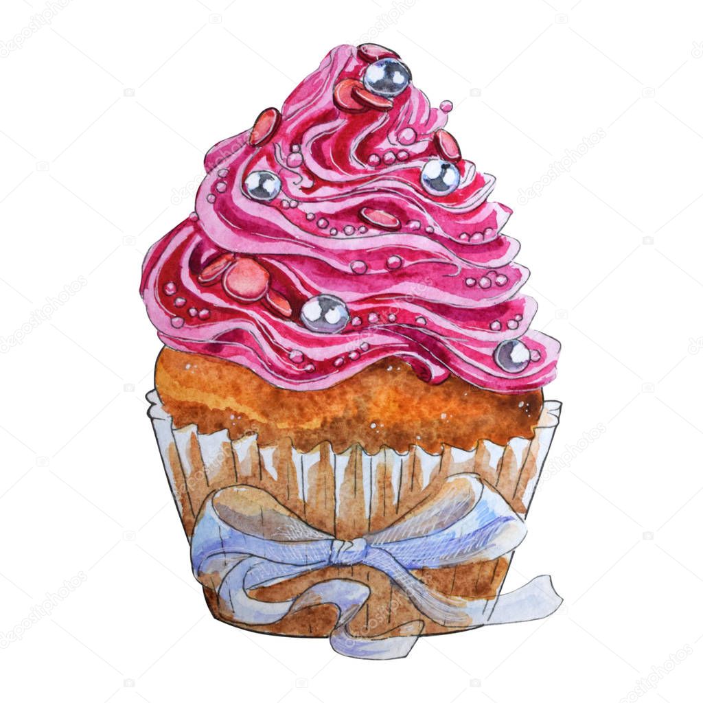 Hand painted watercolor cupcake isolated on white background