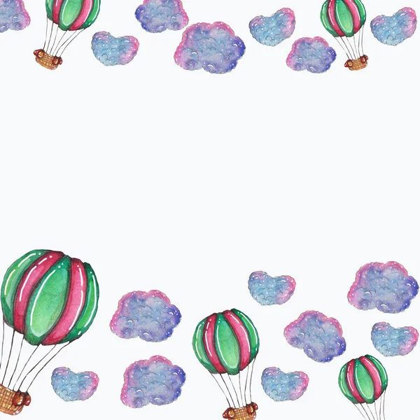 Hand drawn Watercolor template with air balloons and clouds — Stock Photo, Image