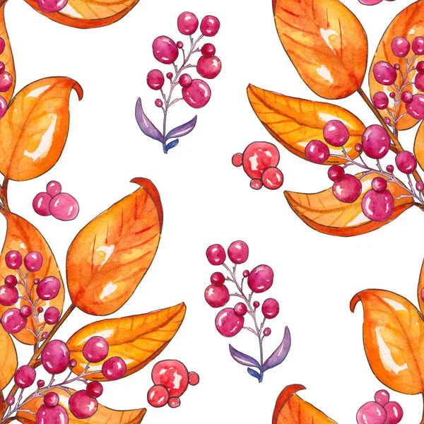 Zweige mit Herbstblättern mit nahtlosem Muster, Blattgold und Berr — Stockfoto