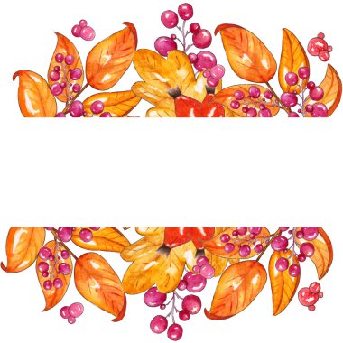 Renkli yaprakları ve çilek ile Sonbahar suluboya illüstrasyon